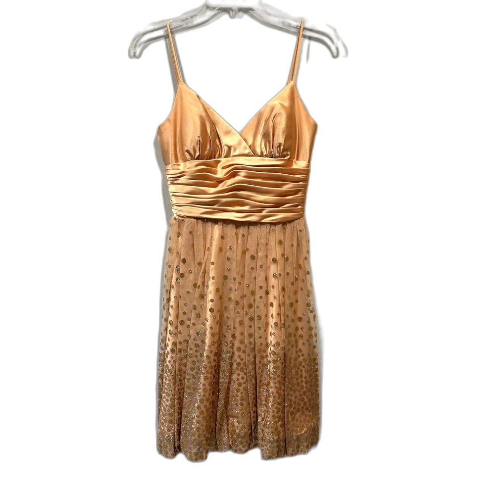 Vintage Satin Sequin Bubble Mini Dress Gold Babydoll Y2K 90s Prom Women sz 3/4